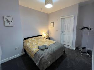 a bedroom with a bed and a lamp and a door at The Print Room, 1 Bedroom Ground Floor Apartment in Carlisle