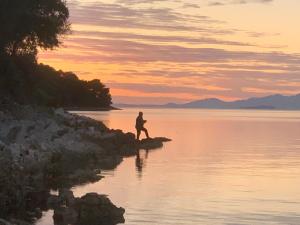 Un homme debout sur un rocher dans l'eau au coucher du soleil dans l'établissement The Villa Amalia, à Spartos