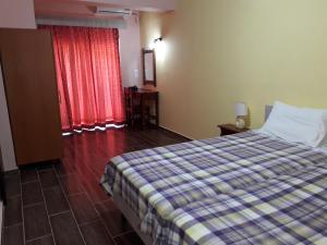 a bedroom with a bed and a red curtain at Petasos Apartments 2 in Gennadi