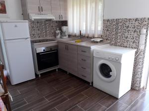 uma cozinha com uma máquina de lavar roupa e uma máquina de lavar roupa em Petasos Apartments 2 em Gennadi