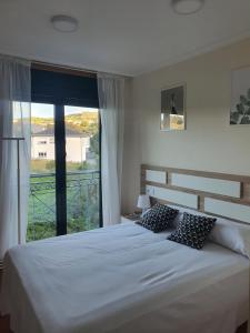 a bedroom with a bed and a large window at Apartagal-Urb. Traiñeira in O Vicedo