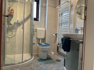 een badkamer met een toilet, een douche en een wastafel bij Rooms MARE in Poreč