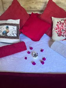 Una cama con almohadas rojas y corazones. en Bougain Villa Self-catering ,Darling, en Darling