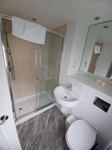 a bathroom with a shower and a toilet and a sink at B&B Belgravia in London