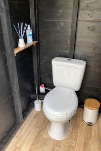 Oku Wooden Pod, Newburgh Priory Estate في يورك: حمام مع مرحاض أبيض في الغرفة