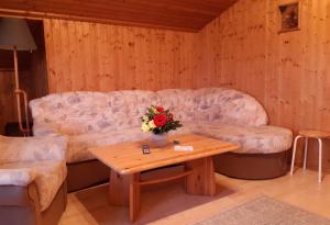 a living room with a couch and a coffee table at Landhof Kützin Ferienhaus Spatz 1 in Wulfskuhl