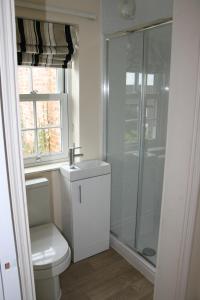 a bathroom with a white toilet and a shower at Hawthorn in Crayke YO61 4TE in York