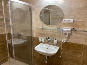 y baño con lavabo y ducha con espejo. en Penzion Trödler, en Brod nad Dyjí