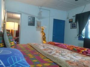 The Oasis Terrace at Rana's Niwas في دارامشالا: غرفة نوم بسرير وباب ازرق