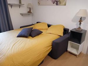 Cette chambre comprend un grand lit avec des draps jaunes et une télévision. dans l'établissement LA MARMOTTE appartement T2 classé 3 étoiles, à Aulus-les-Bains 31 autres photos