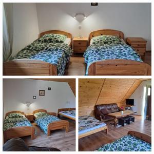 two pictures of a bedroom with two beds and a couch at Agroturystyka Kocioł Duży in Pisz