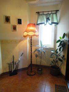 una lámpara en la esquina de una habitación con ventana en Ginkgo Apartman, en Demjén