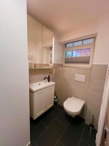 a bathroom with a white toilet and a sink at Ostseehaus Dreesen Souterrain in Timmendorfer Strand +7 photos