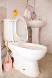 Łazienka z białą toaletą i umywalką w obiekcie Adeti Homestay w mieście Ruiru