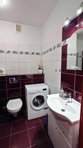 a bathroom with a washing machine and a sink at Apartament Modern Life w centrum z parkingiem in Jelenia Góra