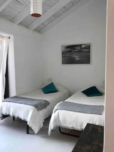 2 camas en una habitación con paredes blancas y almohadas azules en Beautiful country home immersed in nature, en São Teotónio