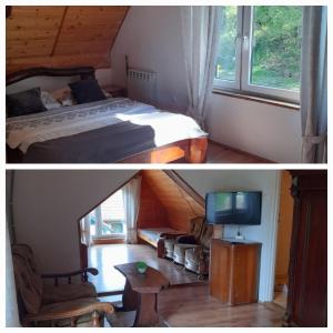 2 Bilder eines Schlafzimmers mit einem Bett und einem TV in der Unterkunft Agroturystyka Kocioł Duży in Pisz