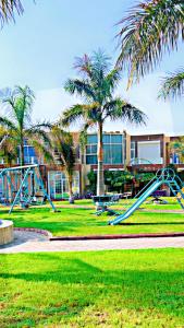 a playground with a slide in a park with palm trees at شقه غروب البحر in Obhor
