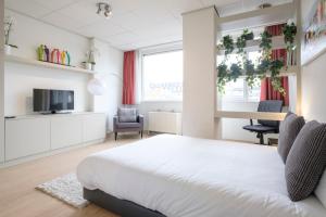 um quarto com uma cama, uma secretária e uma televisão em Beau studio dans le Centre de Bruxelles em Bruxelas