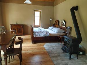 1 dormitorio con 1 cama y estufa de leña en Chalupa Nonnetit, en Vápenice