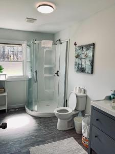 a bathroom with a shower and a toilet at Serene Cottage in Halifax