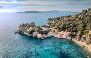 une vue aérienne sur une petite île dans l'eau dans l'établissement Maison 5 Pieces Proche Plage, à Toulon