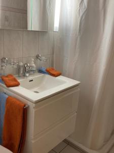 a white bathroom with a sink and a shower at Fravgia veglia in Andeer