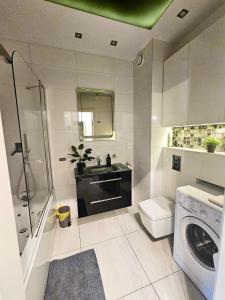 a bathroom with a sink and a washing machine at Piernikowy Apartament 52 in Toruń