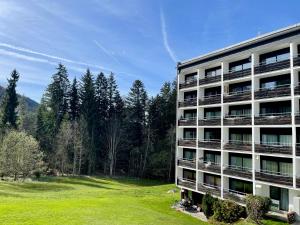 埃尔毛Apartment Berghof Ellmau的公寓大楼旁设有绿地