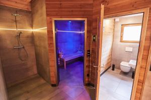 uma casa de banho com uma cabina de duche ao nível do chão e um WC. em Ferienhaus Lotus II em Rieden