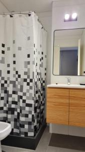 La salle de bains est pourvue d'une douche, d'un lavabo et d'un miroir. dans l'établissement Apart Las Heras, à Florida