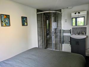 a bedroom with a shower and a bed and a sink at The Sunset "with private Hot tub" in Worth +31 photos