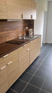 a kitchen with wooden cabinets and a sink at Ferienglück am Spielplatz in Günzburg