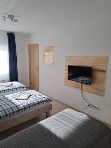 a bedroom with two beds and a flat screen tv at Apartmány Amália in Piešťany