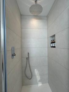 een witte badkamer met een douche bij The Nest in Uffington