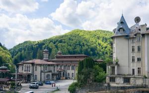 a large building with a mountain in the background at Vila Pufu in Slănic-Moldova