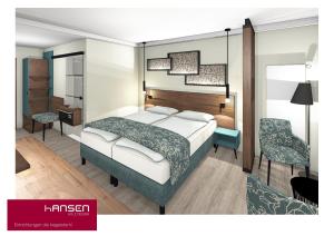 a rendering of a bedroom with a bed and a chair at Parkhotel "Am Schänzchen" in Andernach