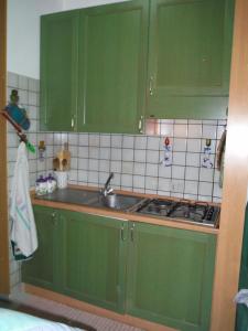 a kitchen with green cabinets and a sink at Le Residenze di Stintino La Pelosa in Stintino
