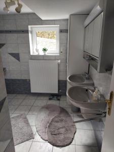 a bathroom with a sink and a toilet and a window at FeWo mit tollem Ausblick auf der Schwäbischen Alb. in Wehingen