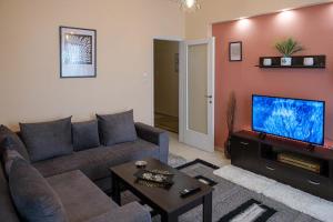 a living room with a couch and a flat screen tv at sophia's apartment in Volos