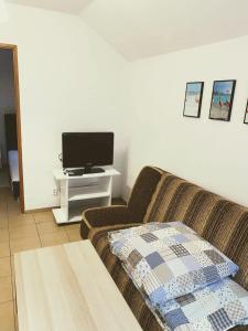 ein Wohnzimmer mit einem Sofa und einem Flachbild-TV in der Unterkunft Domki u Marcina in Sarbinowo