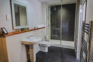 uma casa de banho com um WC, um lavatório e um chuveiro em White Lion em Hebden Bridge