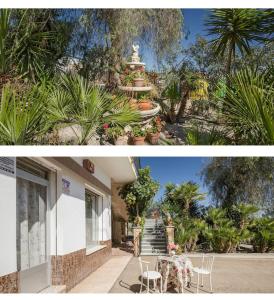 dos fotos de un jardín con mesa y sillas en Alojamiento Ruizo, en Lorca