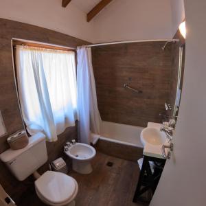 een badkamer met een toilet, een wastafel en een bad bij Las Cumbres Apart & Suites in San Martín de los Andes