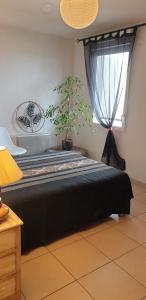 um quarto com uma cama grande e um vaso de plantas em Appartement T2 à 10 min de Montpellier em Vendargues