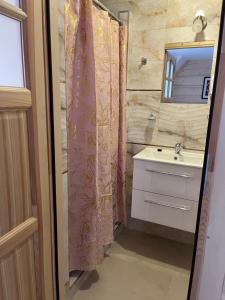 a bathroom with a sink and a shower curtain at Pokoje u Magdusi przy termach in Witów
