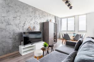 sala de estar con sofá y TV en Appartement proche du Vieux Lille avec une vue exceptionnelle sur la Ville !, en La Madeleine