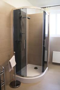 y baño con ducha y puerta de cristal. en B&B Hotel Volčík, en Mariánské Lázně