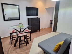 Cette chambre comprend une table, un lit et une télévision. dans l'établissement Metropolitan Apartment, à San Juan