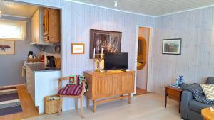 a living room with a tv on a wooden cabinet at Berlevåg Apartment in Berlevåg